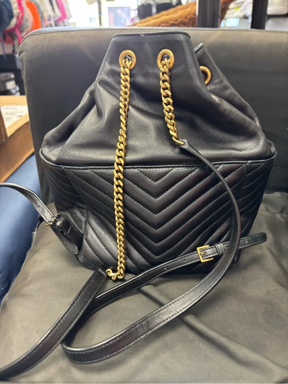 Saint Laurent Black Quilted Leather Backpack with Gold YSL Logo